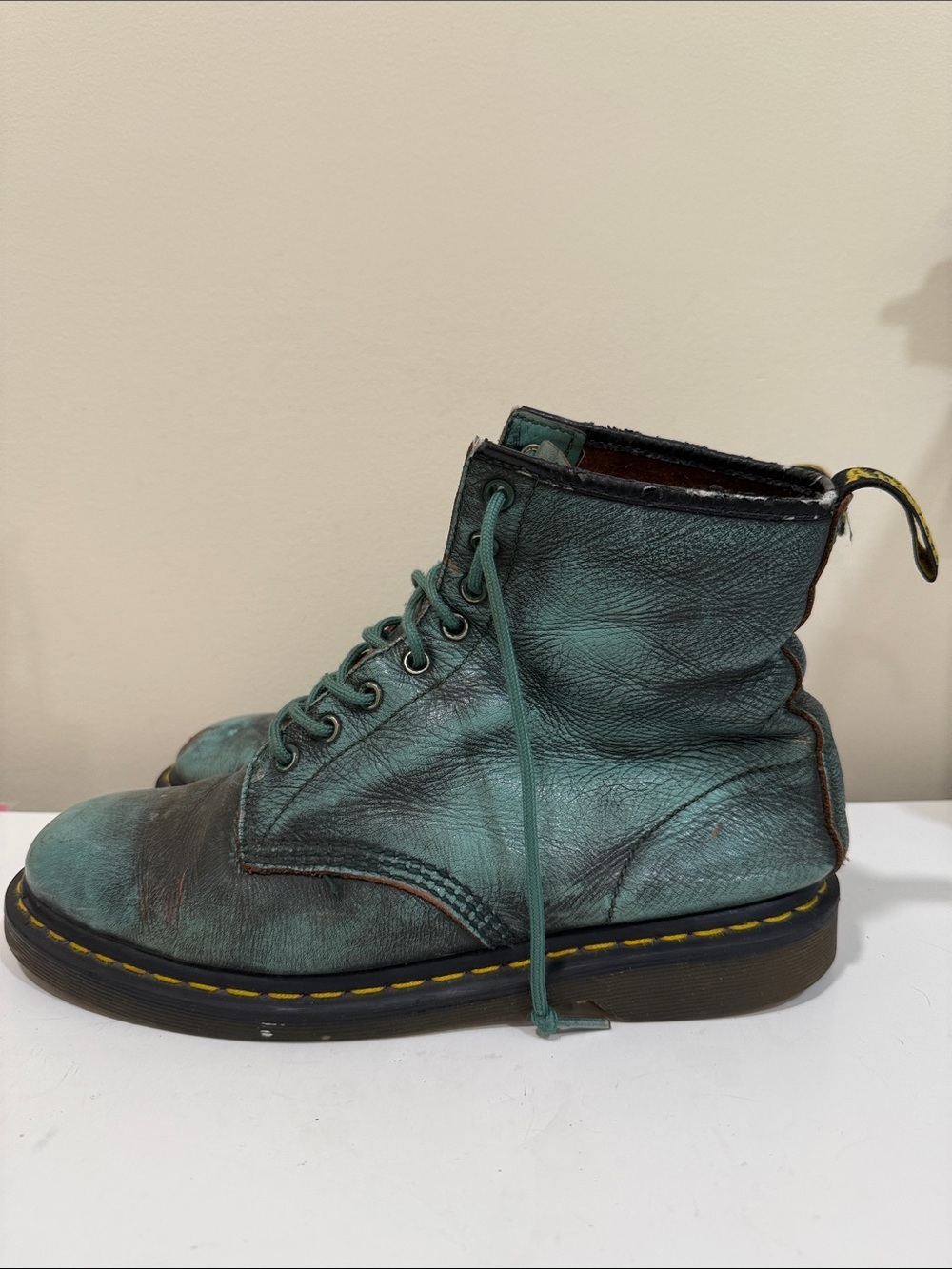 Dr. Martens Teal Green Leather Chukka Boots with Yellow Stitching